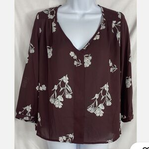 Collective Concepts Merlot Floral Blouse Sheer V-Neck Burgundy XL EUC
